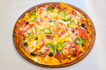 Delicious mixed pizza with rich content. Menu concept of choice and diversity. Pepperoni, Formaggi, Veggie, Karisik pizza