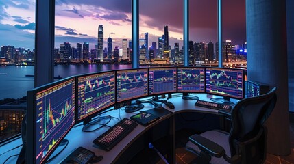 Elevated View of a Strategic Finance Trade Manager Overseeing Vibrant Stock Market Charts and Indicators on Multiple Screens