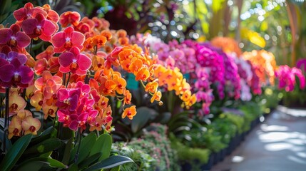 Vivid and diverse collection of orchids blooming in a multitude of captivating colors
