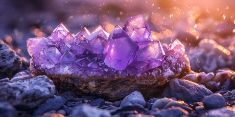 Illuminated Colorful Geode Crystals in Natural Setting - obrazy, fototapety, plakaty