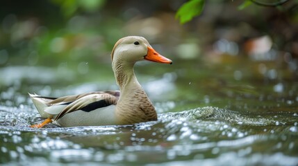 A type of duck in Asia or Africa that has a unique black mark on its orange bill is seen swimming in a wetland