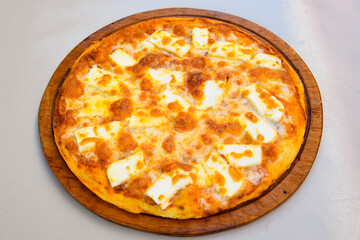 Delicious mixed pizza with rich content. Menu concept of choice and diversity. Pepperoni, Formaggi, Veggie, Karisik pizza