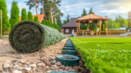 Installation of New Grass Turfs in Developed Garden. Landscaping Industry Theme.