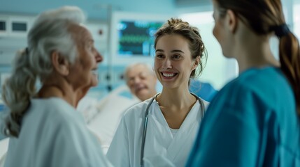 Obraz premium Healthcare Scene with Nurse and Senior Patients in a Hospital