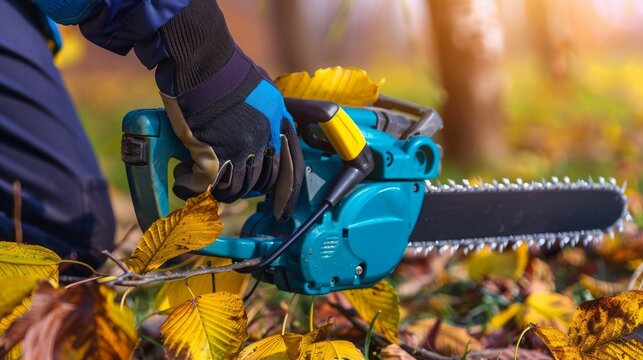 A gardener pruns trees with a lightweight cordless chain saw. Work in the autumn garden.