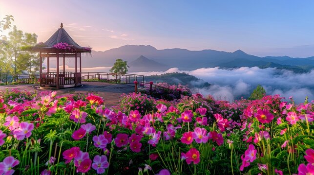 View point of the sea of mist and flower garden in Mae Sot District, Tak Province, Thailand