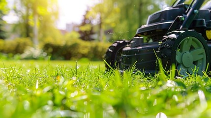 Mowing lawns, Lawn mower on green grass, mower grass equipment, mowing gardener care work tool, close up view, sunny day. Soft lightning - obrazy, fototapety, plakaty