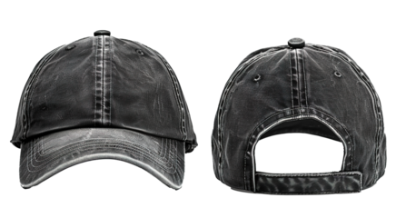 Distressed denim baseball cap mockup isolated on white, showcasing front and back views with detailed textures, perfect for fashion design and streetwear branding