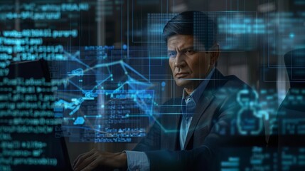 Digitally enhanced shot of a handsome businessman working in the office superimposed over multiple lines of computer code - obrazy, fototapety, plakaty