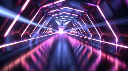 Abstract Futuristic Technology concept. Neon Hexagon Tunnel modern background. Fluorescent ultraviolet glowing light lines. 