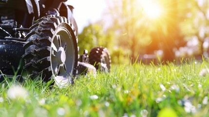 Mowing lawns, Lawn mower on green grass, mower grass equipment, mowing gardener care work tool, close up view, sunny day. Soft lighting - obrazy, fototapety, plakaty