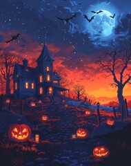 halloween night background, cartoon illustration