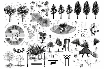 Architectural Drawings, people plan vector in park out door illustration, top view, Minimal style hand drawn, set elements for architecture and landscape design. Sections, Elevations, Floor Plans. vec - obrazy, fototapety, plakaty