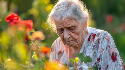 Close up portrait of a very old wrinkled woman of eighty or ninety years old, looking down, staying in her garden. Old age and lifestyle concept. Aging process.