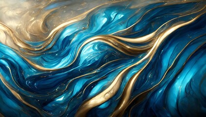 Abstract Blue Fluid Art with Waves and Swirls of Metallic Liquid Texture