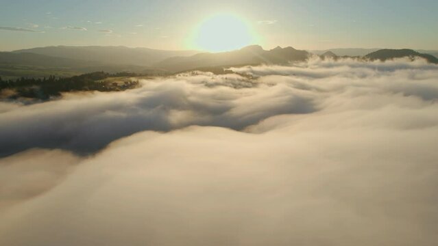 Aerial view of sunrise over white dense clouds
