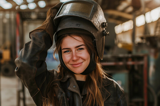 Portrait of smiling female welder posing confidently while working at industrial plant.