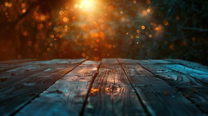 Old wooden table with blurred sunset background and bokeh lights