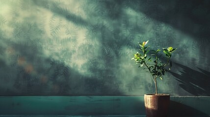 Potted plant with new leaves on window sill, shadows of foliage wall - obrazy, fototapety, plakaty