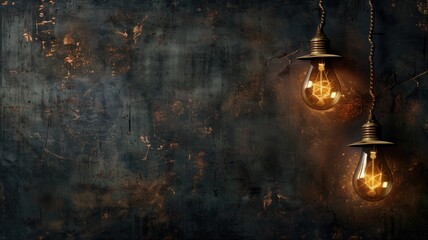 Vintage light bulbs hanging against rugged, dark, textured wall with visible rust - obrazy, fototapety, plakaty