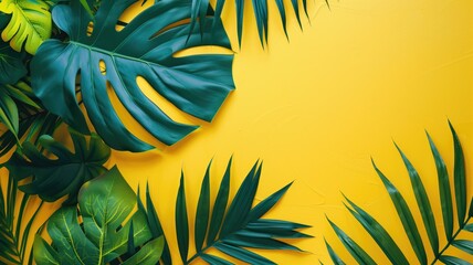 Assorted tropical leaves on bright yellow background