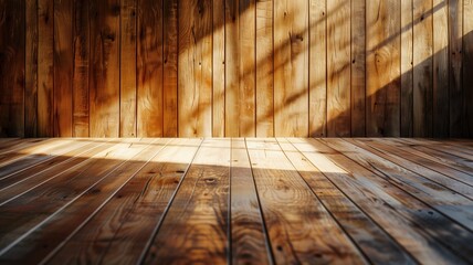 Empty wooden room with sunlight casting shadows on wall and floor