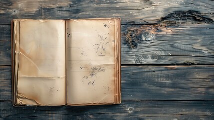 Aged open book with blank pages on rustic wooden background