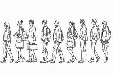 Business people line cad art. Vector illustration of business men and women standing walking talking working in front back and side view. Symbol for architecture and landscape design drawing. vector i