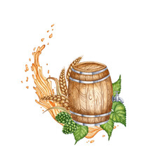 Watercolor illustration of a wooden barrel decorated with beer splashes, hops and ears of wheat, isolated from background. Ideal for menu design and celebrations such Harvest Festival or Oktoberfest.