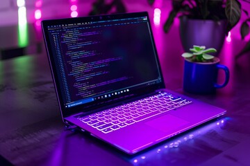 High-Tech Programming Code on a Neon Violet Laptop, Captured in a Noise-Free, Ultra Realistic Setting