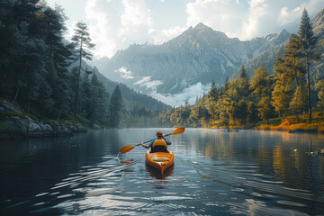 A kayaker paddling down a tranquil river, surrounded by the beauty of nature and the serenity of the weekend. Concept of solitude and adventure. Generative Ai.