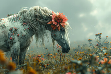 A creature with the body of a horse and the head of a flower, grazing peacefully in a meadow. Concept of hybrid organisms. Generative Ai.