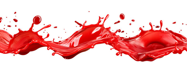 Red liquid splashes isolated on a white background. Red sauce, ketchup or paint splashes in the air in the style of flowing down isolated on a white background,  generative AI 