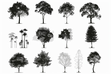 Minimal style cad tree line drawing, Side view, set of graphics trees elements outline symbol for architecture and landscape design drawing. Vector illustration in stroke fill in white. Tropical, oak 