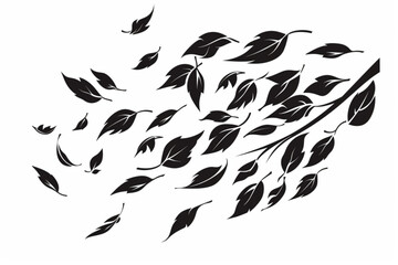 green leaves flying on wind illustration vector icon, white background, black colour icon