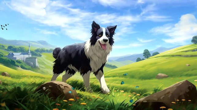 Cute dog in the hills. Anime or digital painting style, looping 4k video animation background