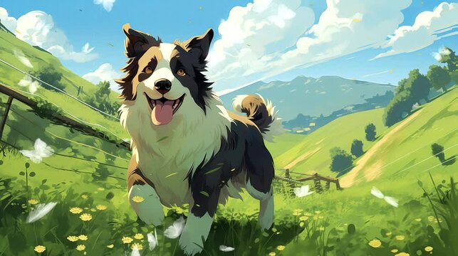 Cute dog in the hills. Anime or digital painting style, looping 4k video animation background