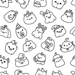 Cute kawaii Halloween pumpkin. Seamless pattern. Coloring Page. Holidays cartoon character. Monsters faces. Hand drawn style. Vector drawing. Design ornaments.