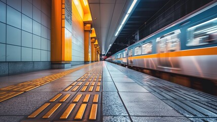 Motion blur of train moving in modern subway station, with focus on platform
