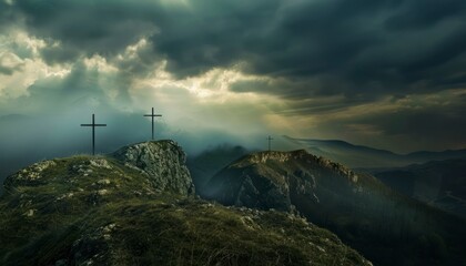 Obraz premium The Christianity themed on a background with dramatic at dawn, the spirit of preaching the Gospel throughout the world. A beautiful sea of ​​clouds, dark clouds and sky and sunbeams