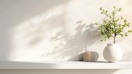 Potted plant in vase with wooden decoration on shelf shadow pattern wall