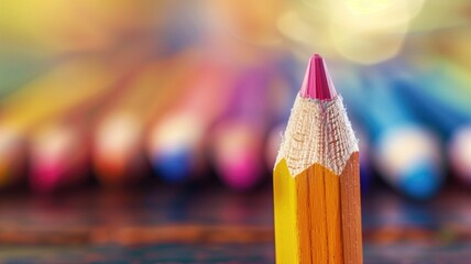 Close-up of sharpened pencil with blurred colorful pencils in background