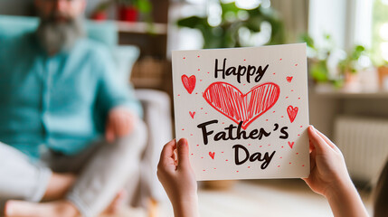 Child gives father a “Happy Father’s Day” card. Close-up behind the card
