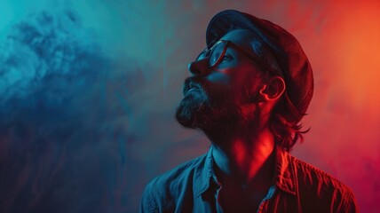 Man with beard in red and blue lighting looking up - obrazy, fototapety, plakaty