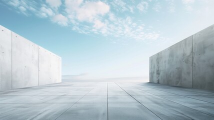 Obraz premium Empty modern space with large concrete walls under clear sky