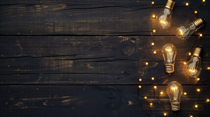 Light bulbs and tiny lights on dark wooden background - obrazy, fototapety, plakaty