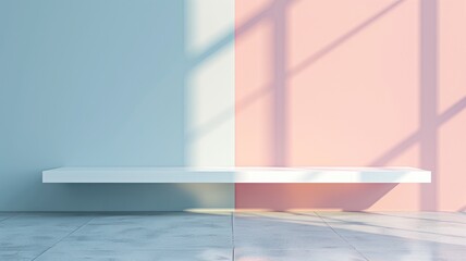 Empty white shelf on wall with pastel pink and blue light shadows