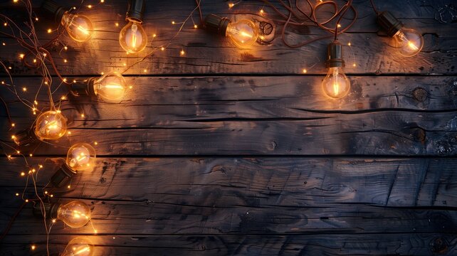 String lights glowing warmly on rustic wooden background