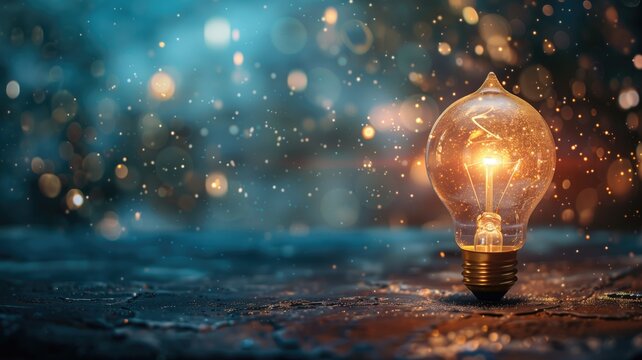 Glowing light bulb on wet surface with bokeh lights in background