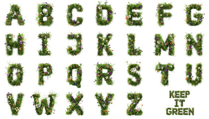 Grass and Flowers Alphabet - Natural Decorative Letters - Isolated - Transparent Background